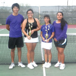 Shown are members of the San Benito Greyhound varsity tennis team, which won the 82nd Annual Heart's Delight Varsity Tennis Tournament. Shown (from l-r) are Esteban Casas and Cristina Estrella, who won in mixed doubles, and Elizabeth Medina and Brittany Mendez, who won in girls doubles. The team will compete in the District 31-5A Individual Tennis Tournament in Weslaco on March 25 and 26. The team is coached by Dan Hirst. (Staff photo by Francisco E. Jimenez)