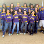 The San Benito Lady Greyhound varsity softball team is shown Monday outside the dugout at the squad’s home field. (Staff photo by Francisco E. Jimenez)