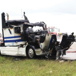 A semi-truck that caught fire on Expressway 77/83 in the vicinity of State Highway 100 is shown Tuesday afternoon. It has yet to be revealed how the incident occurred and whether there were any injuries reported. (Staff photo by Francisco E. Jimenez)